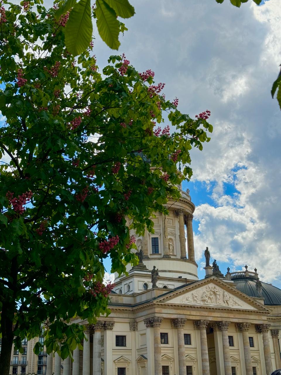 Berlin architecture framed by spring leaves